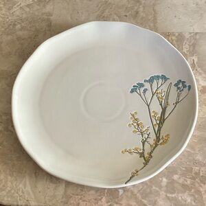 White Floral Ceramic Plate with Blue and Yellow Sprig Design